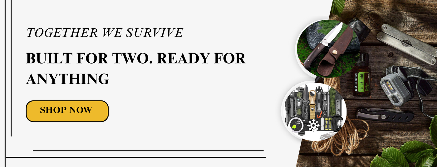 Essential emergency tools and gear arranged against a rugged, outdoor-themed background.