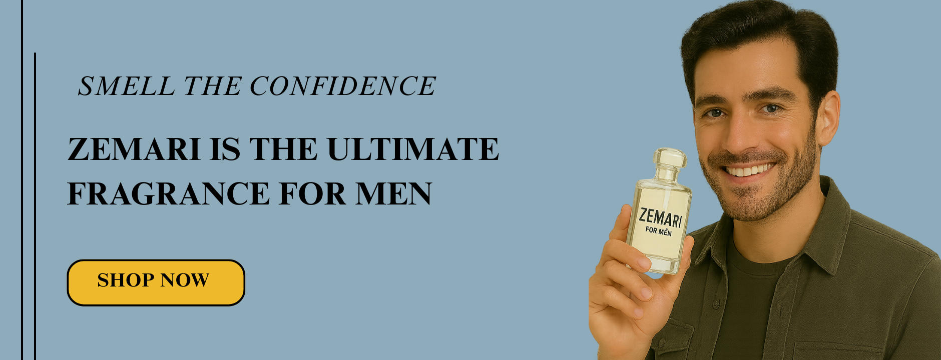 A bold, masculine fragrance displayed with sleek, dark tones and a modern, confident aesthetic.